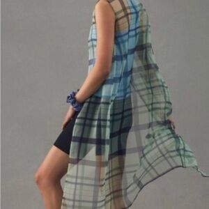 Anthropologie Maeve green sheer chiffon plaid look longline Vest One size new